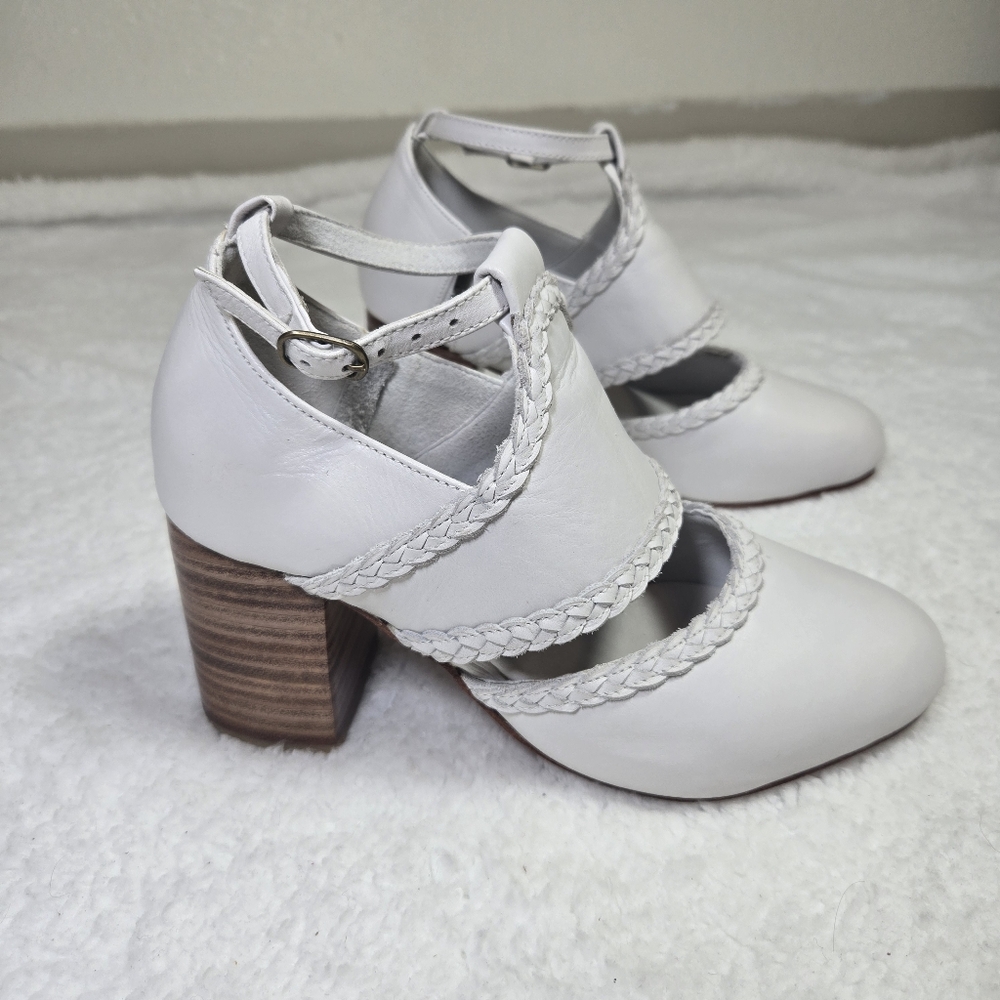 ELF Handmade White Braided Leather Block Heel Cutout Strap Shoes Womens 6.5